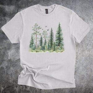 Pine Forest Shirt Watercolor Trees With Birds Nature Scene Tshirt Light gray